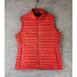 Stio Pinion Down Puffer Vest Logo Womens L Orange Full Zip Pertex Quantum